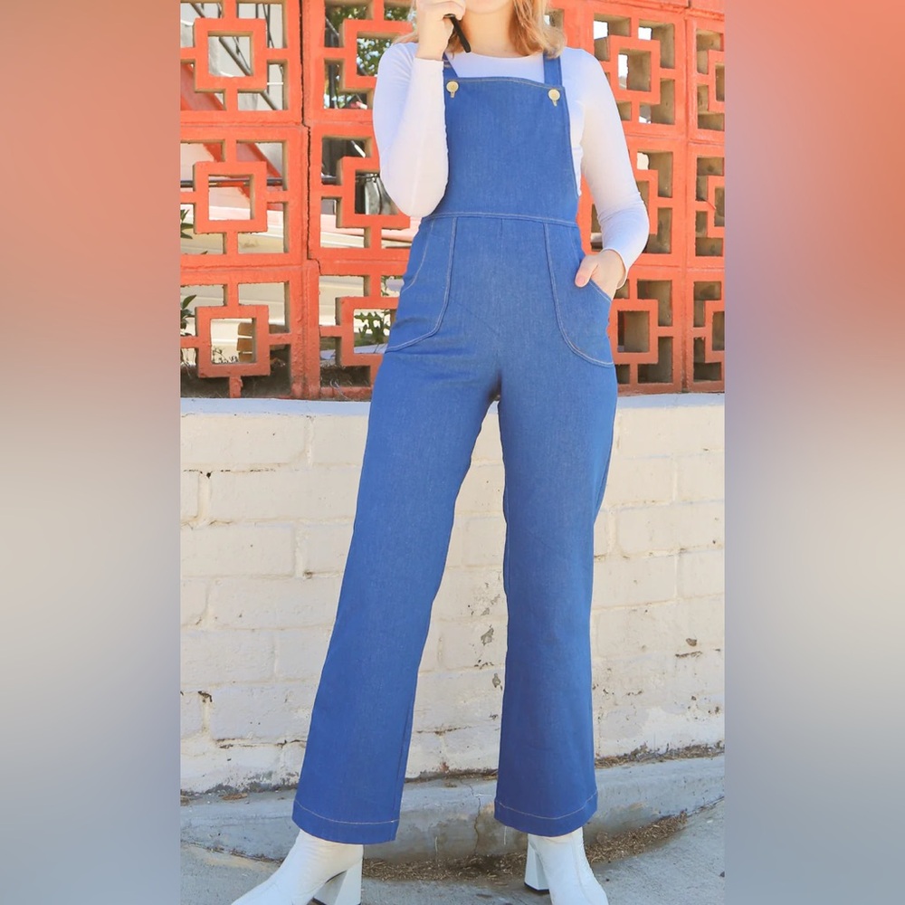 HTF Miracle Eye Blue Japanese Denim Jumpsuit Bib Jane Overalls USA Made Sz L - Picture 2 of 12